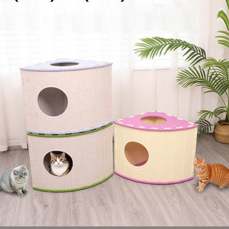 Four-Season Felt Fan-Shaped Cat Villa - Large Enclosed Scratch-Resistant Pet Bed for Multi-Cat Indoor Use - Coffee