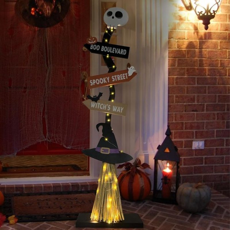 Halloween Glowing Wooden Witch Broom Decoration - Festive Holiday Decor
