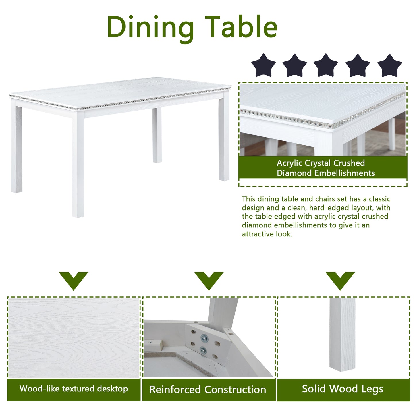 6-Piece Wooden Dining Table Set with 4 Chairs & Bench - White