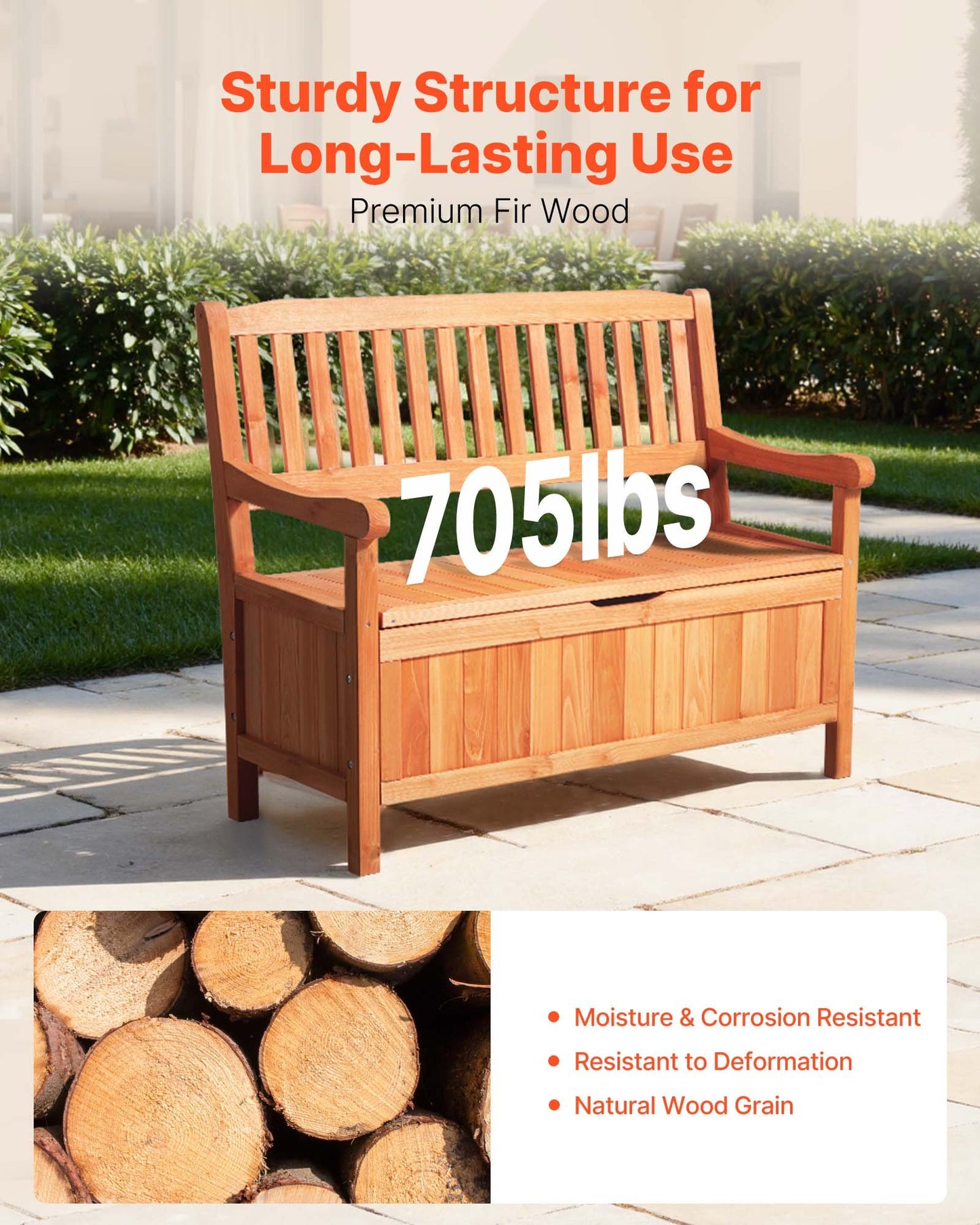 Outdoor Wooden Storage Bench and Seating, Waterproof Deck Box for Garden