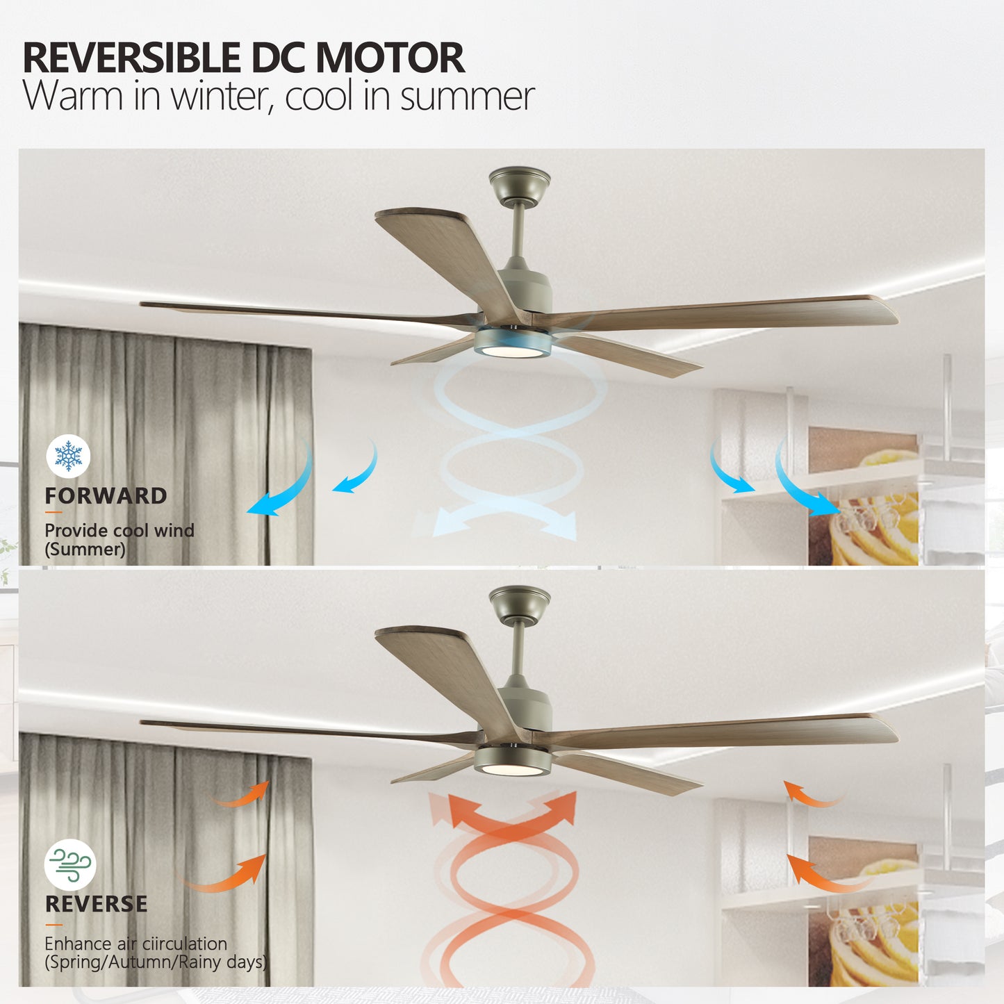 60-Inch Modern Wood Ceiling Fan with Light & Remote Control