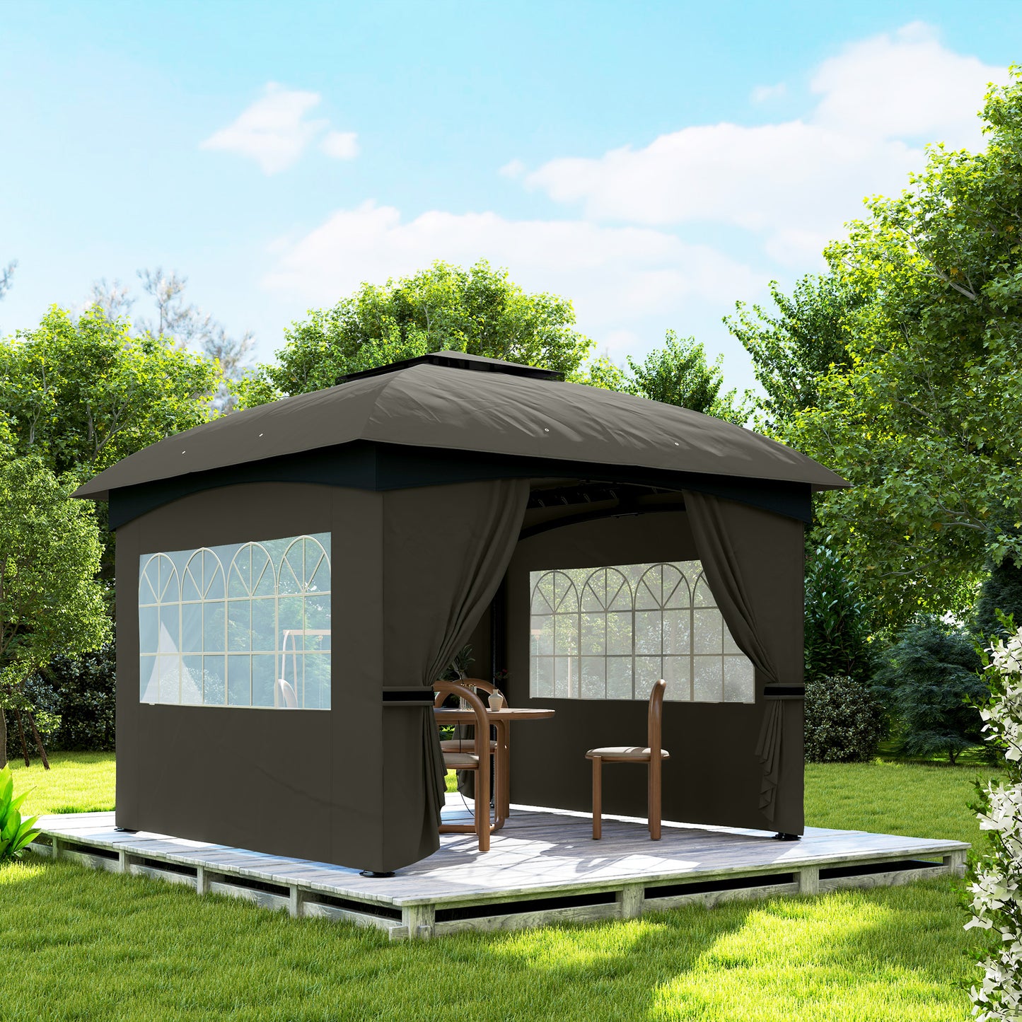 Outdoor Gazebo with Curtains & Church Windows - Dark Gray