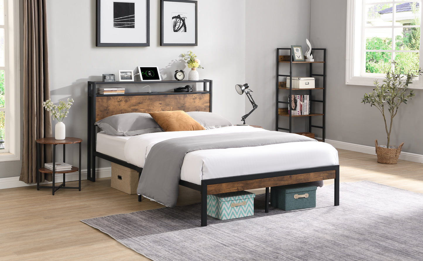King Size Metal Platform Bed Frame with Wooden Headboard & USB