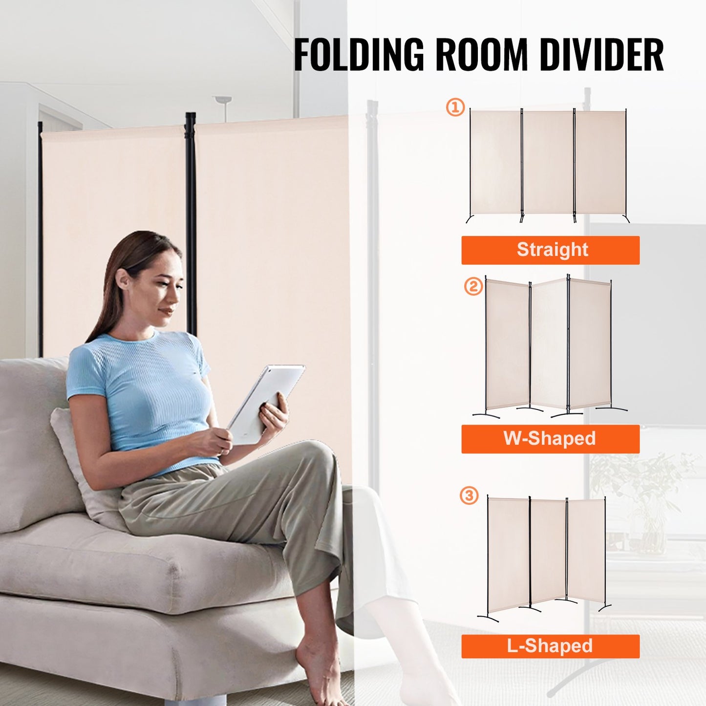 3 Panel Folding Room Divider - Portable Privacy Screen in Beige