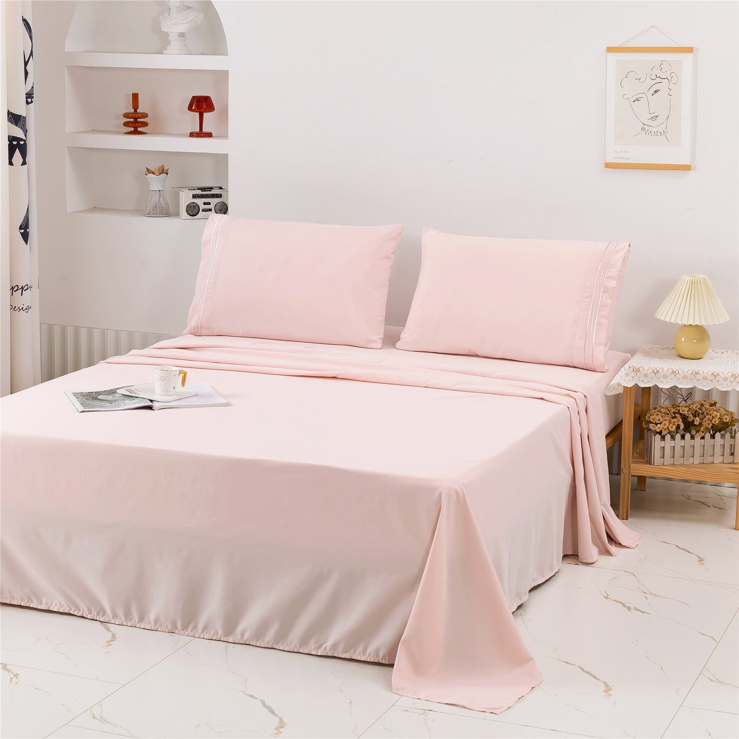 Embroidered Solid Color Bedding Set - Bed Sheets Pillowcases & Quilt Cover