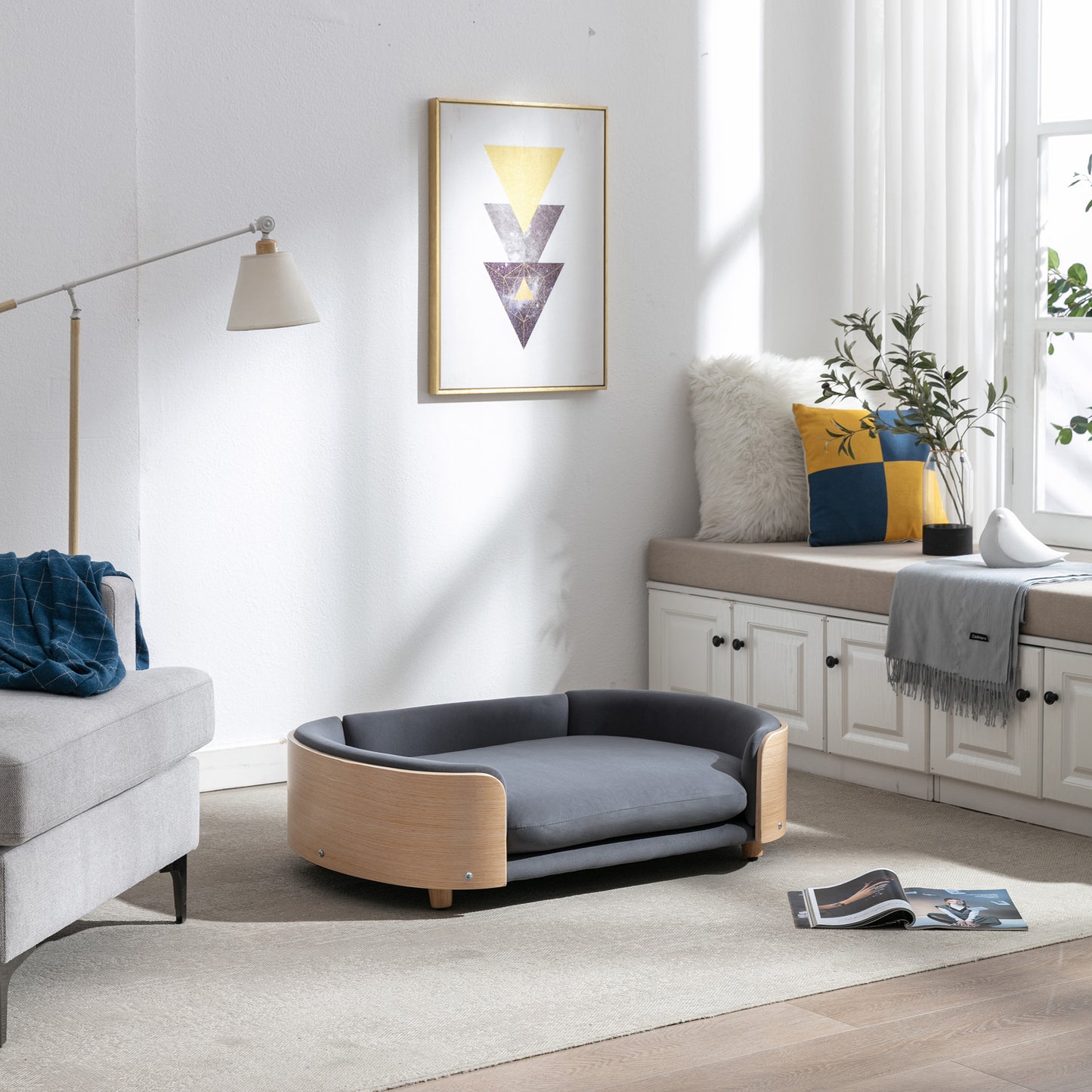 Large Scandinavian Style Elevated Dog Bed with Velvet Cushion and Solid Wood Legs