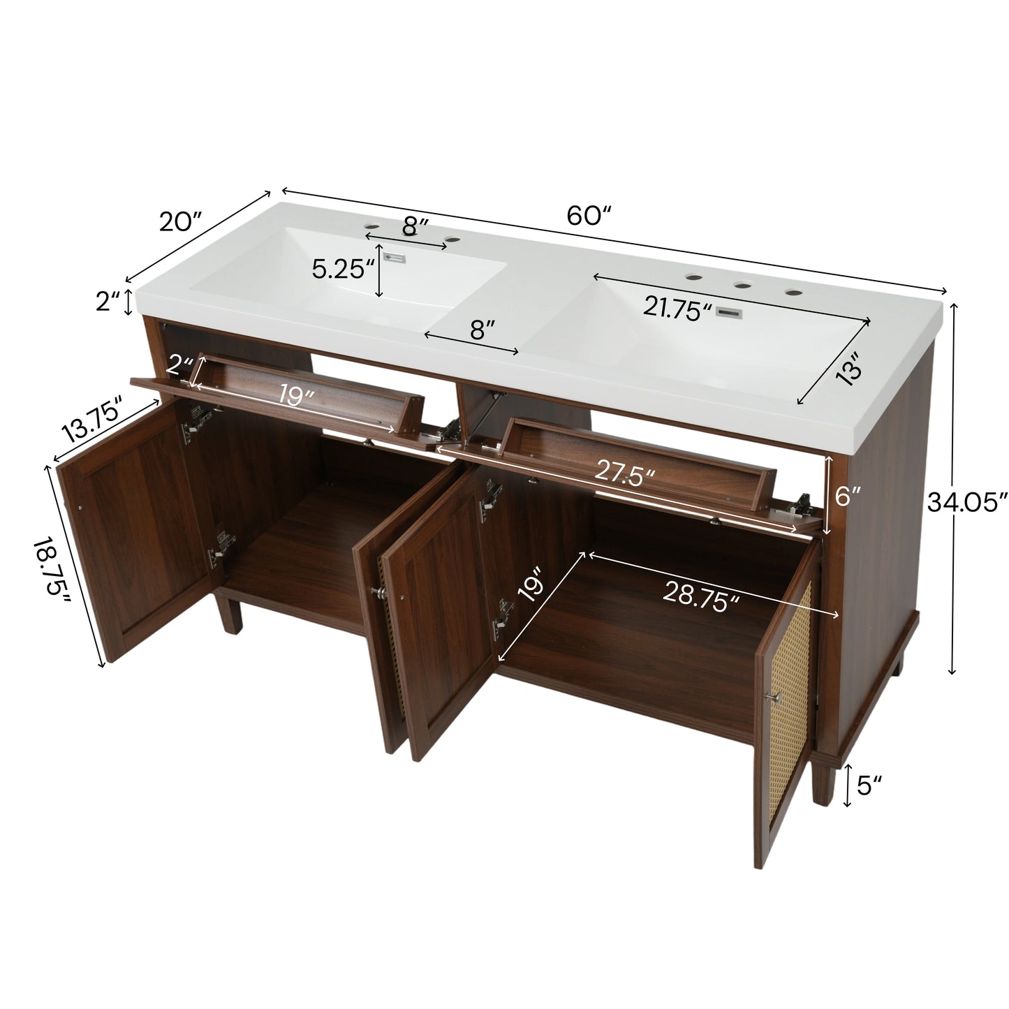 60 Inch Double Sink Bathroom Vanity with Large Storage - Brown