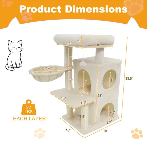 Beige 33.5-Inch Multi-Level Cat Tree with 2-Tier Condo & Sisal Posts