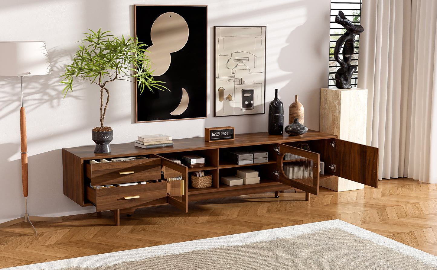 Modern 78-Inch TV Stand for TVs Up to 85" with Glass Doors & Drawers - Walnut