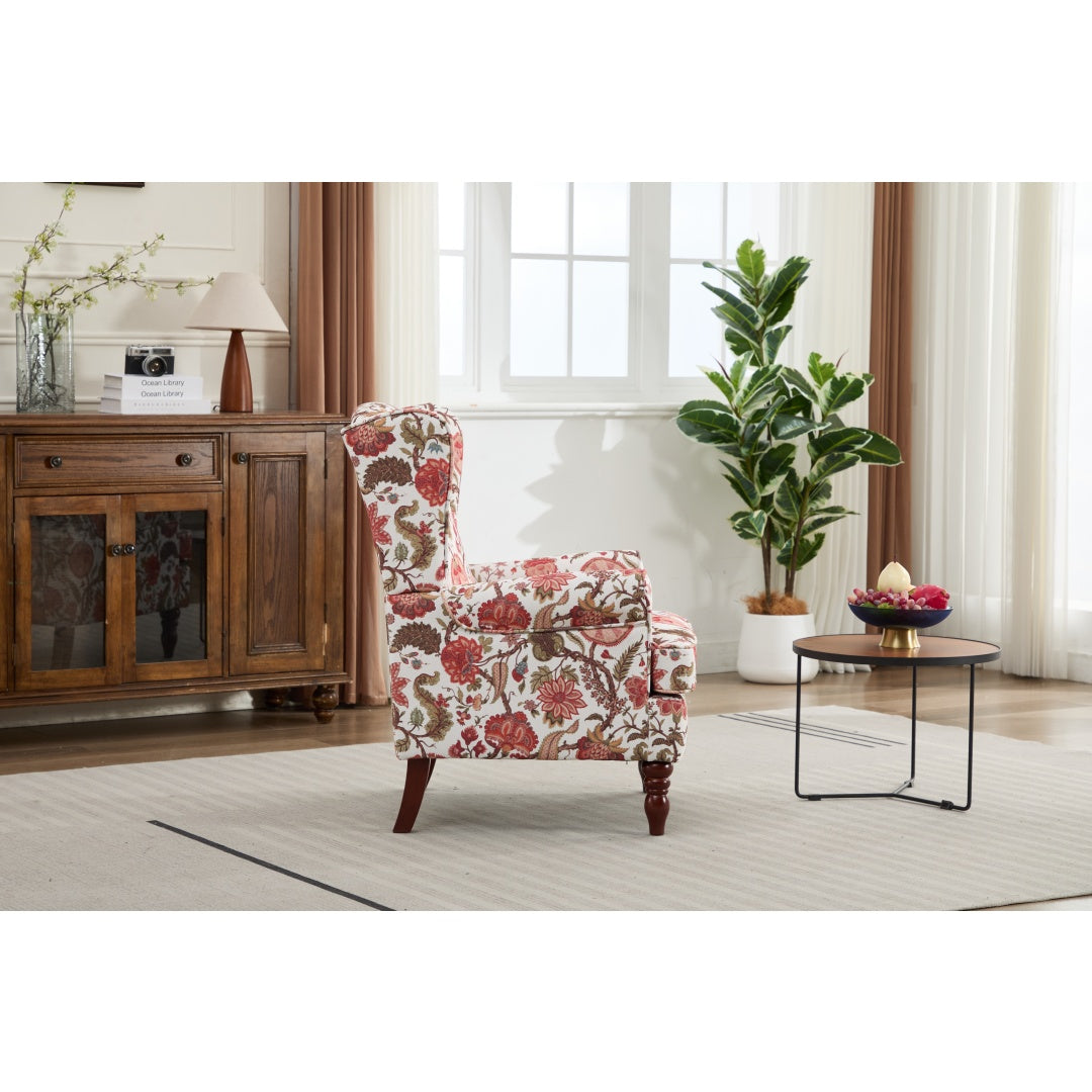 Floral Accent Chair with Retro Wood Legs - Bean Paste Red
