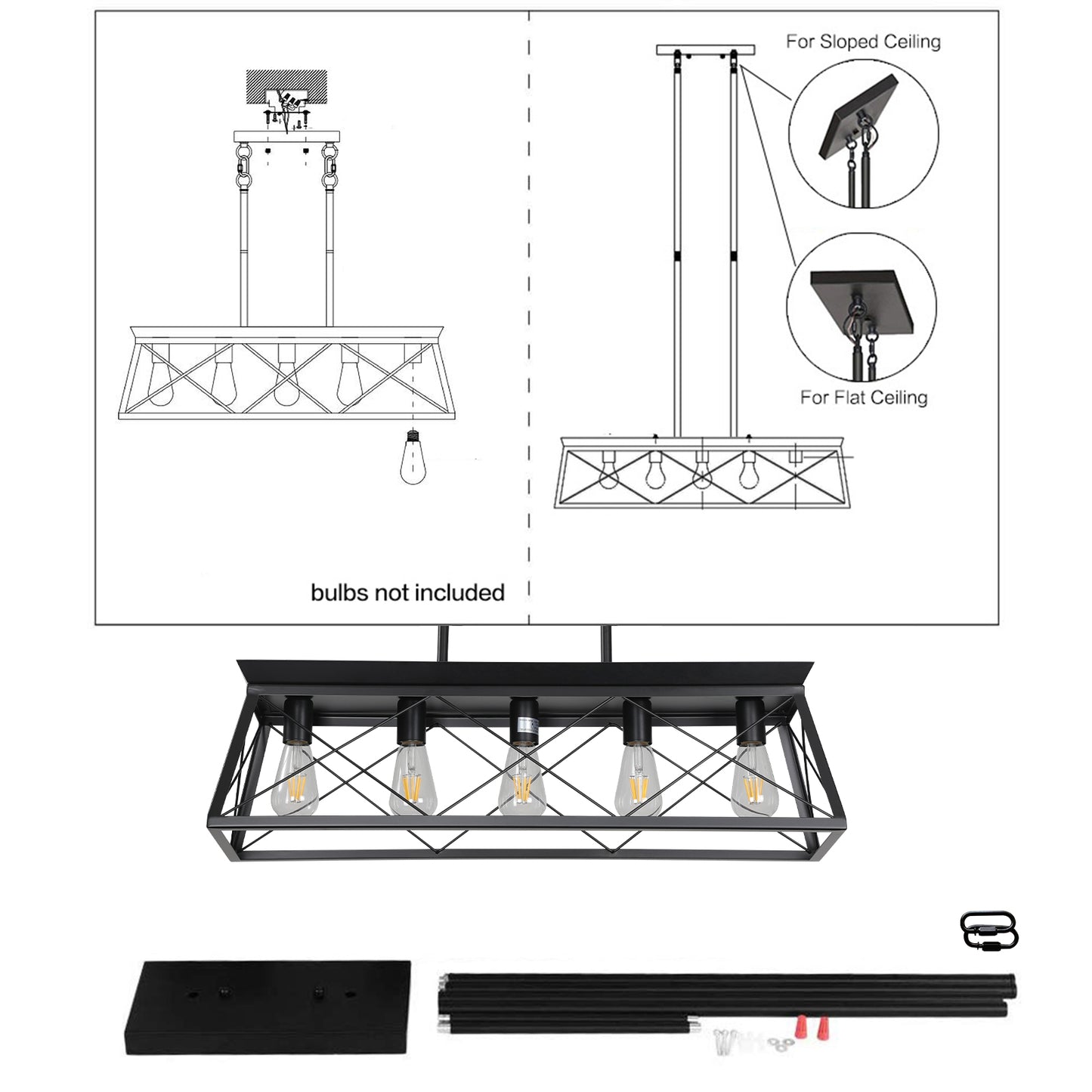 32-Inch Black Industrial 5-Light Pendant Chandelier - Adjustable