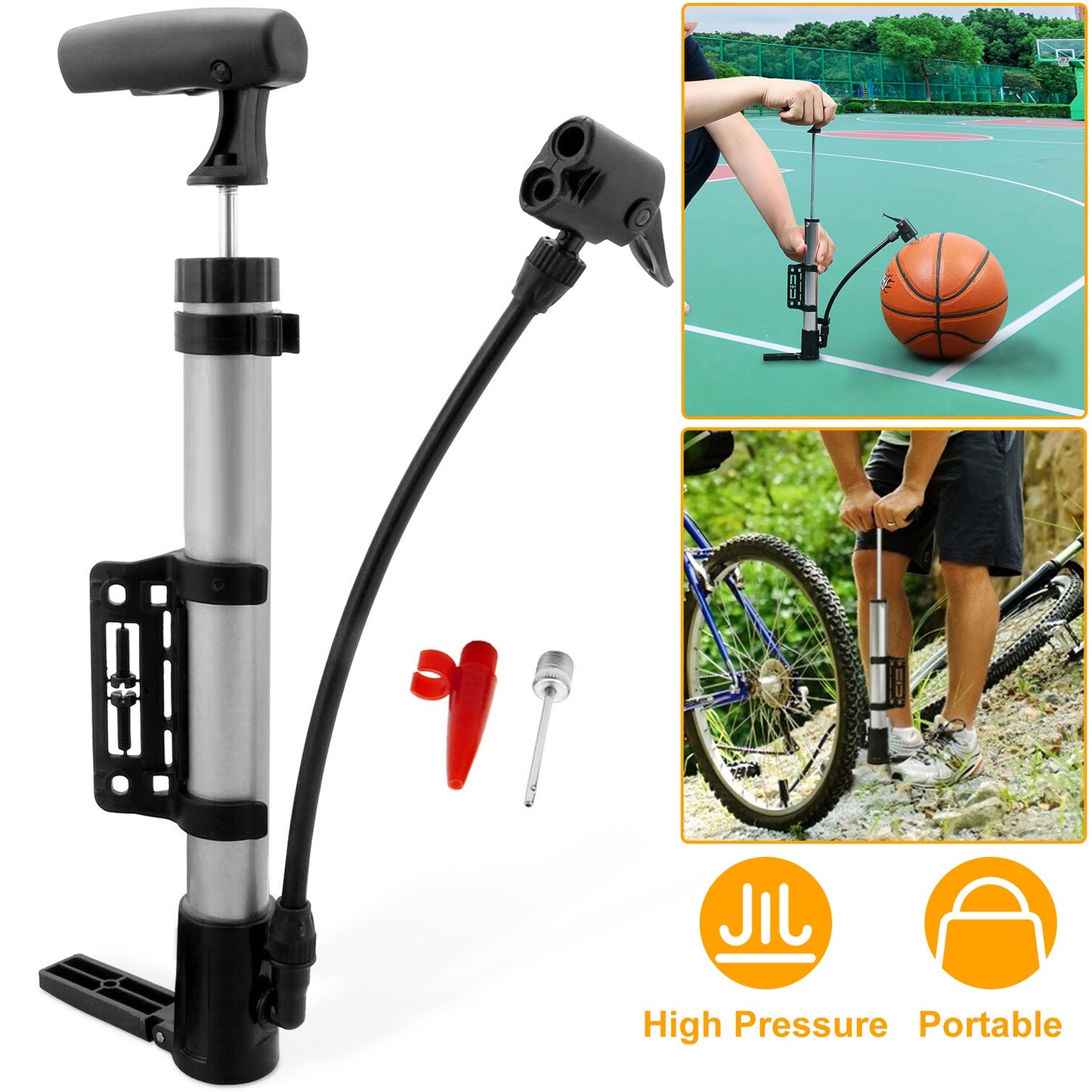Portable Mini Bike Tire Inflator with Mounting Bracket - Silver