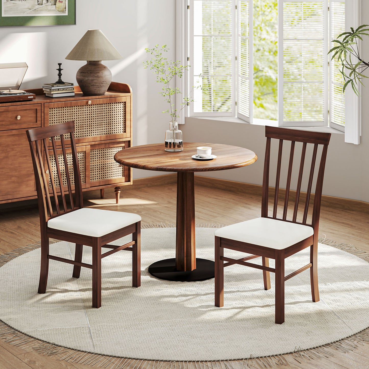 Set of 2 Upholstered Wooden Dining Chairs - Dark Brown & Beige