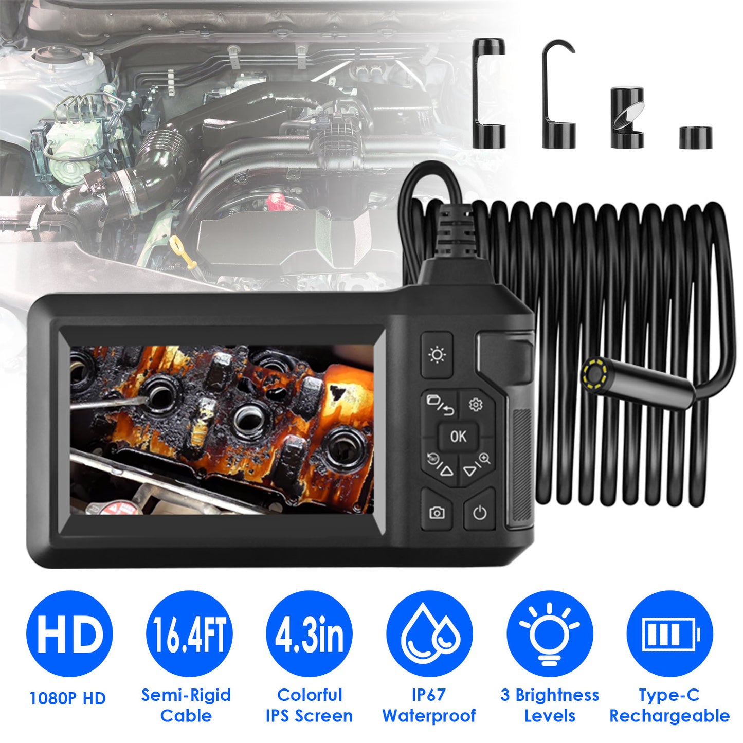 Endoscope Camera with 4.3-Inch Color Screen 1080P Waterproof 8mm Borescope Inspection Tool
