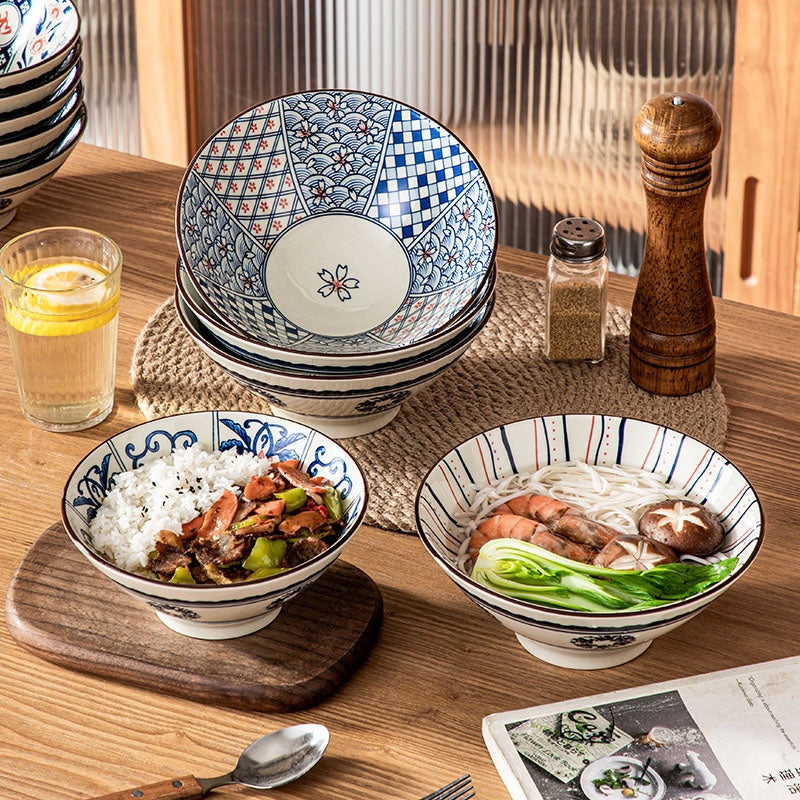 Retro Japanese Style 7-Inch Porcelain Ramen Bowl with Bamboo Hat Shape