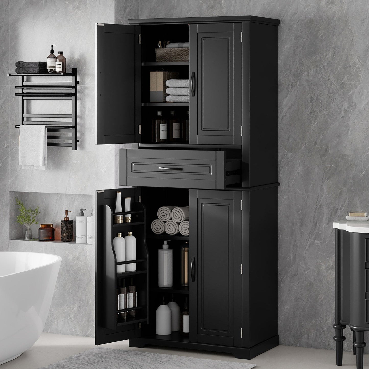 Bathroom Storage Cabinet with Adjustable Shelves & Drawer - Black