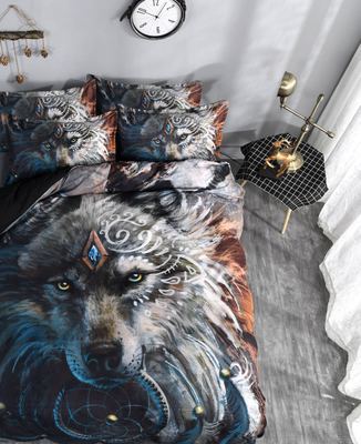 3D Wolf Tribe Warrior Duvet Cover Set - Cartoon Animal Bedding with Polyester Fabric