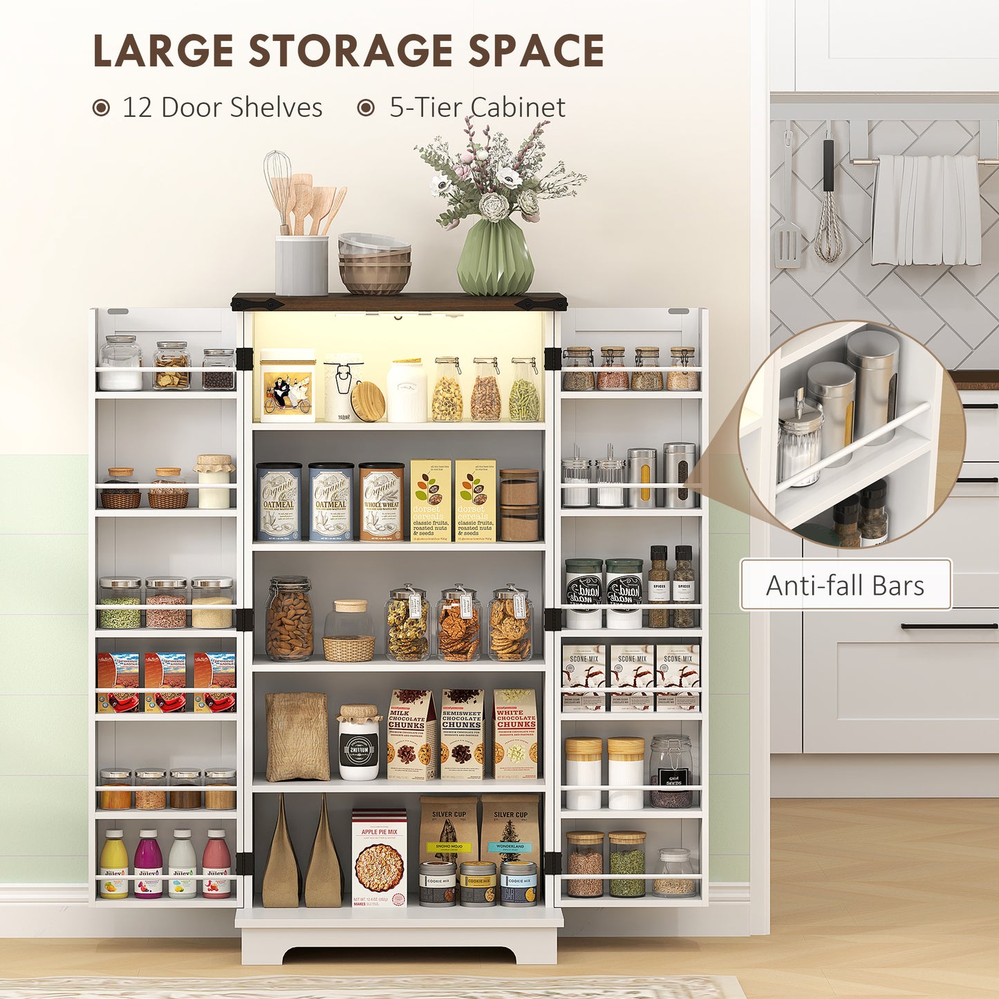 47" White Kitchen Pantry Cabinet with LED Light & Adjustable Shelves