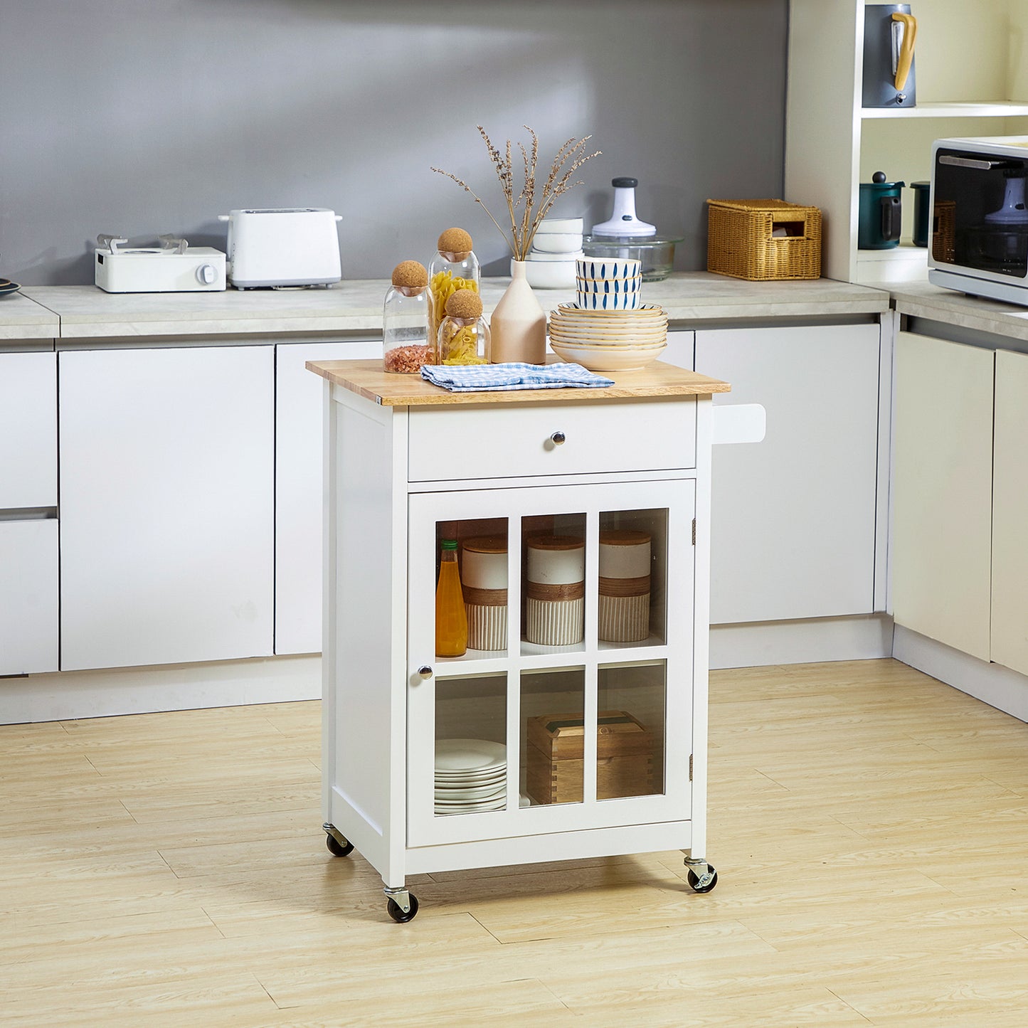 Rolling Kitchen Island Cart with Drawer & Glass Door Cabinet - White