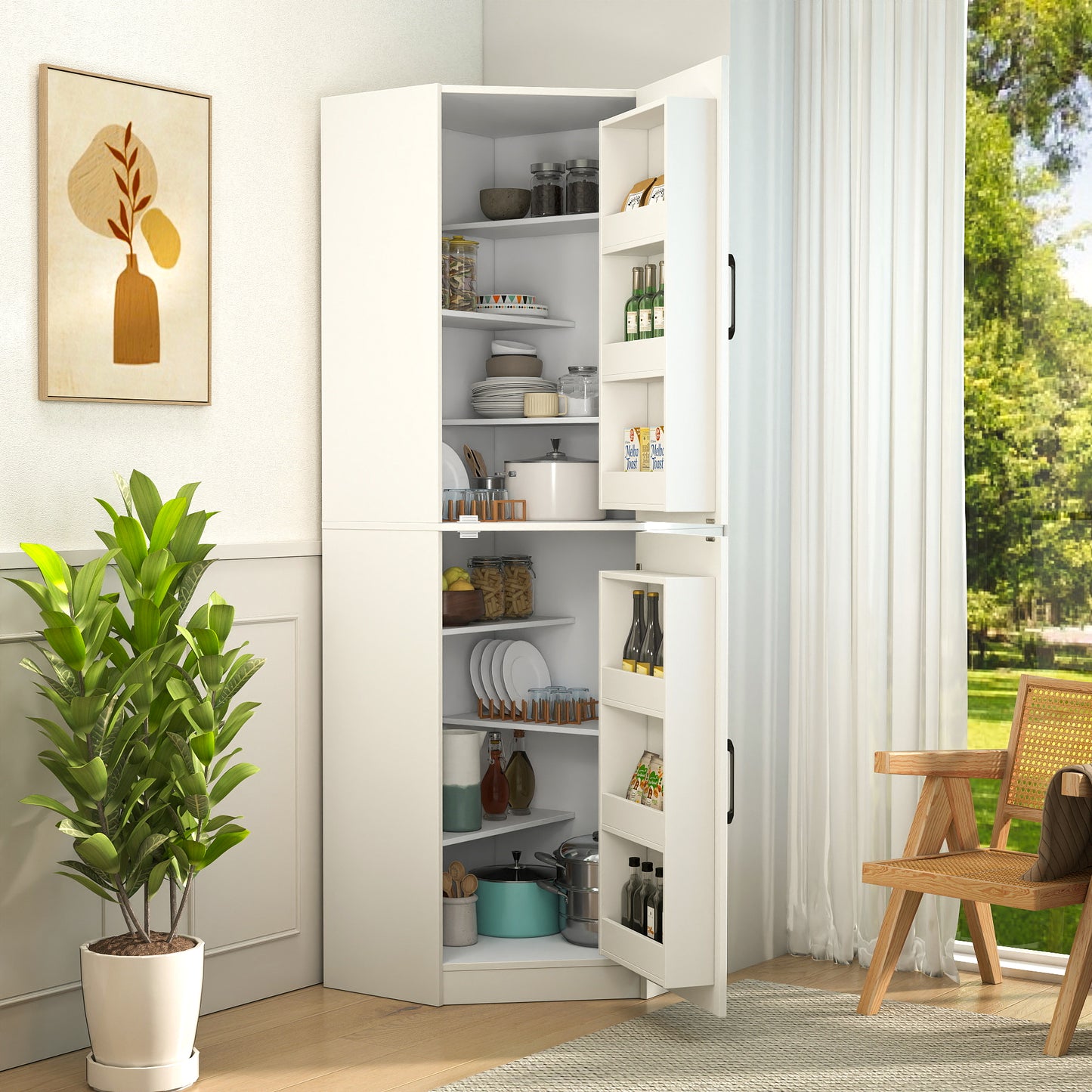 White Corner Kitchen Pantry Cabinet - 70.87" Tall L-Shaped Storage