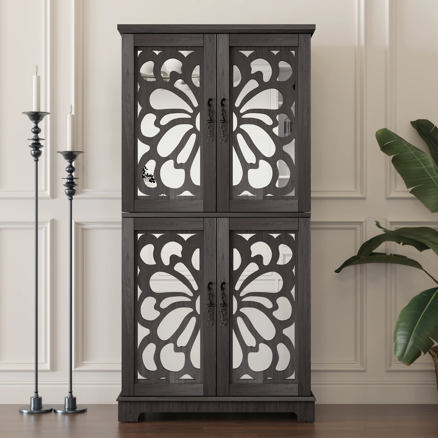 Display Sideboard Buffet With 4 Acrylic Mirrored Doors, Adjustable