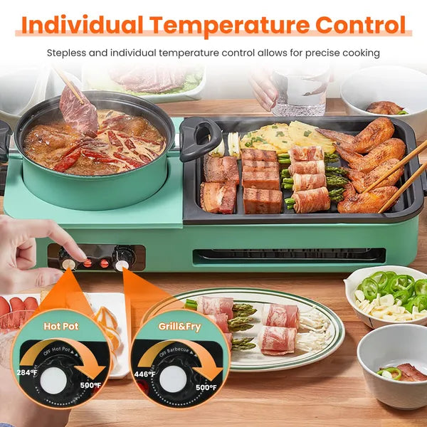 Electric Grill and Hot Pot Combo 1600W Smokeless Korean BBQ Indoor Outdoor