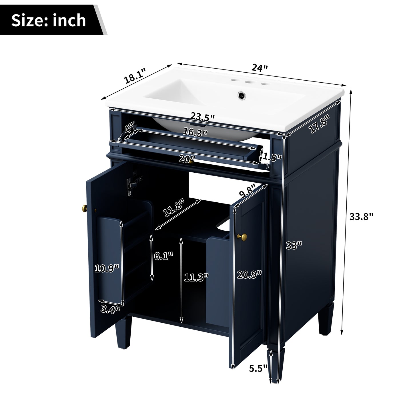 24" Blue Bathroom Vanity with Soft-Close Doors & Storage Drawer