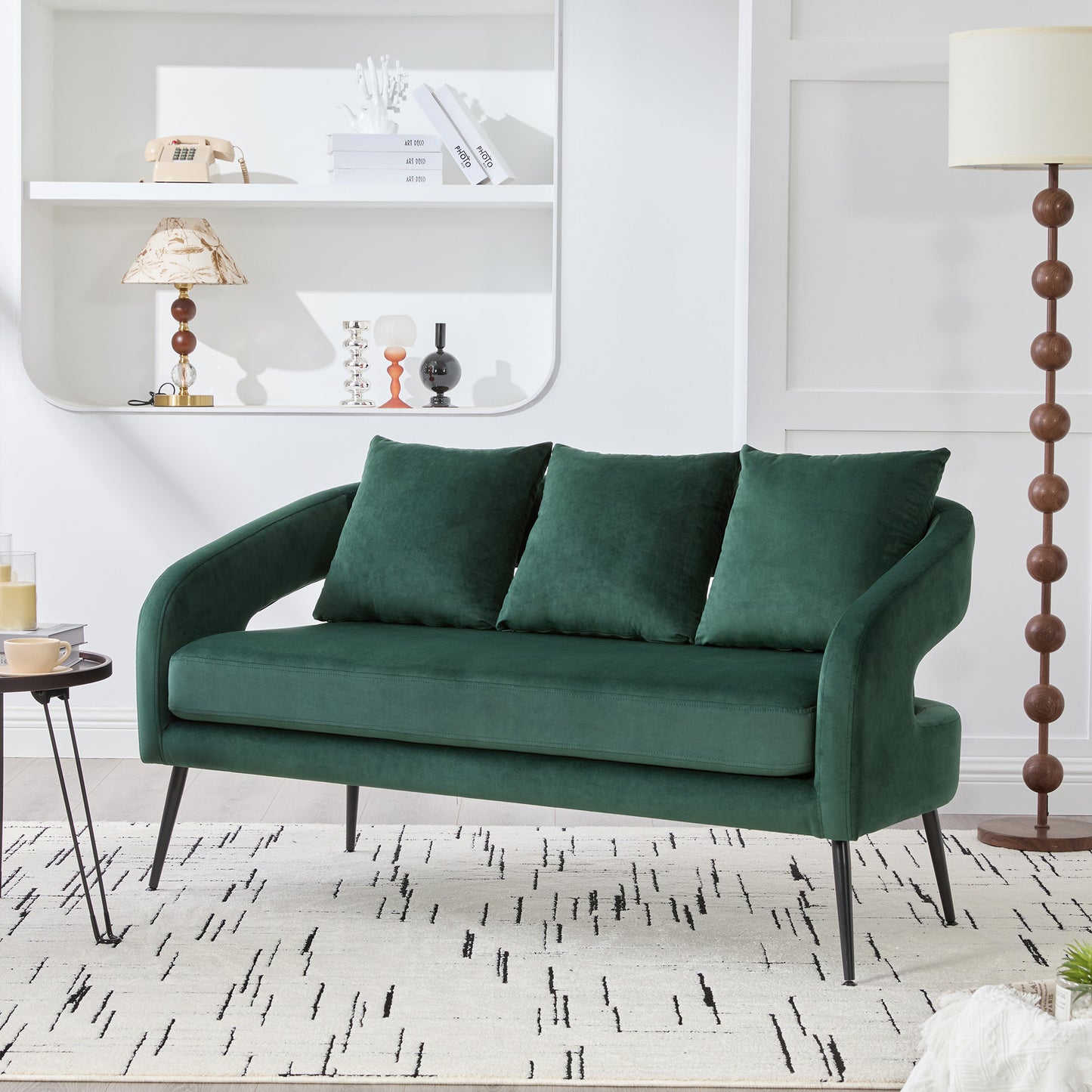 Modern Velvet Loveseat Settee with 3 Pillows - Green