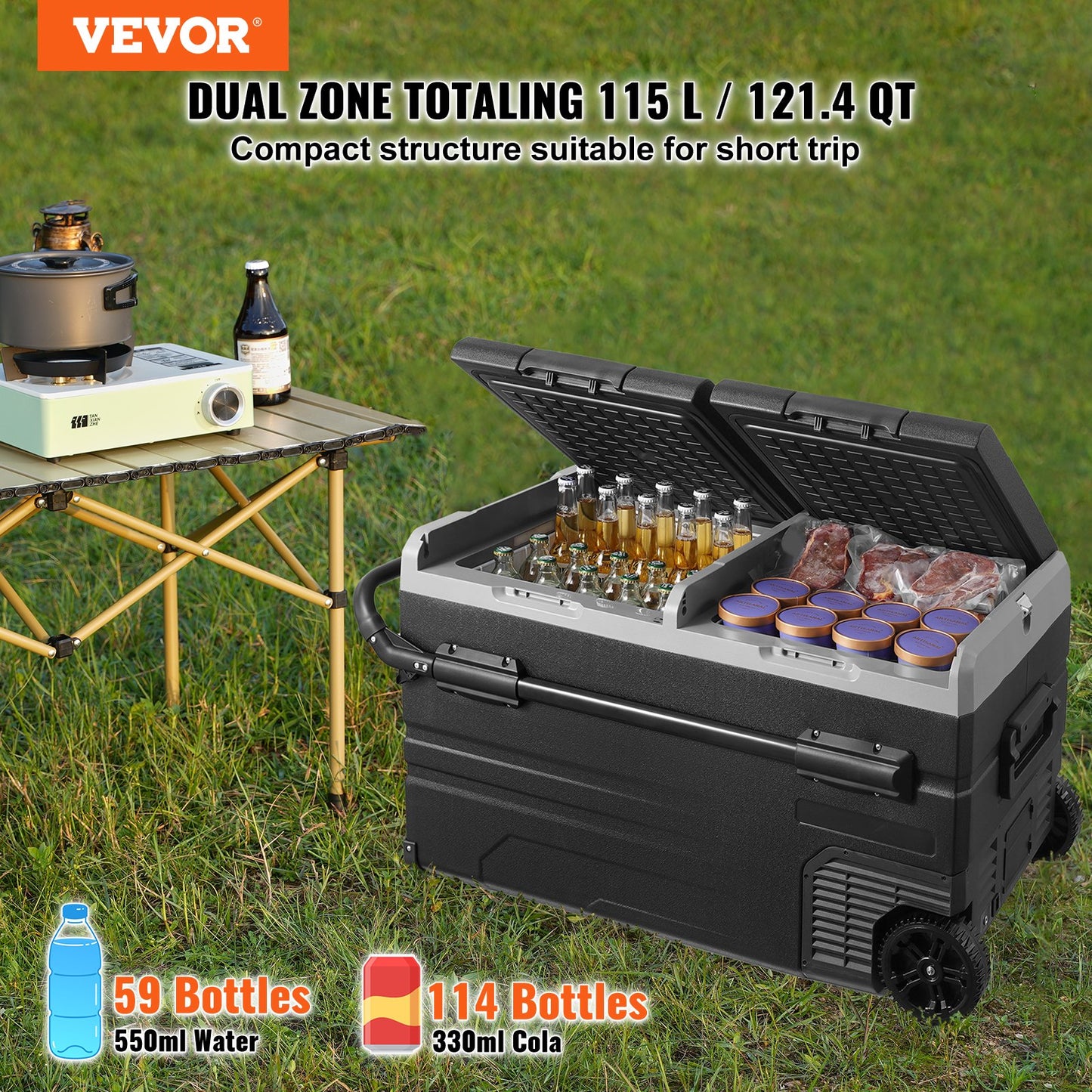 Portable Car Refrigerator Freezer 115L Dual Zone Compressor Cooler - Black