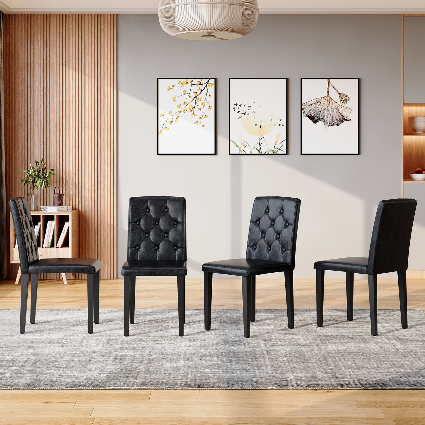 4-pack Black PU Dining Chairs Ergonomic Buckle Backrest, 35 Inches