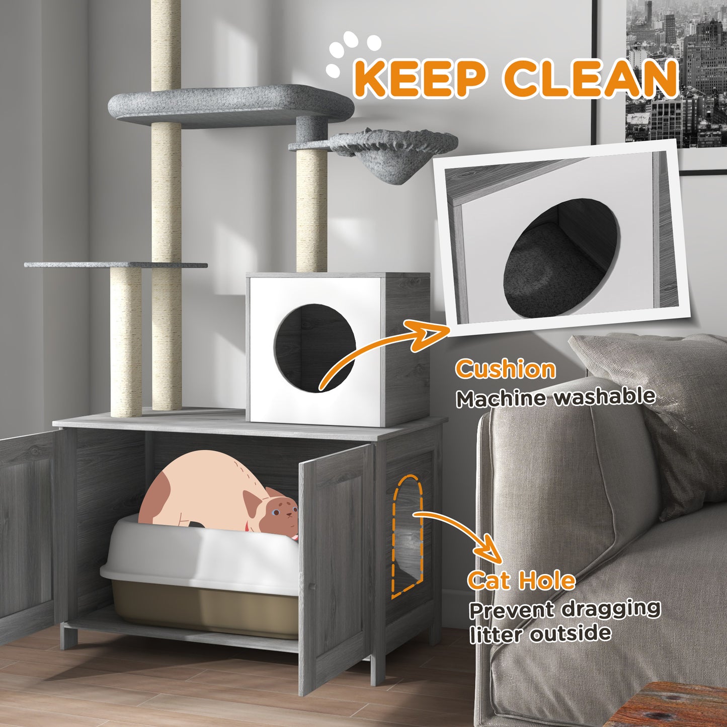 2-in-1 Cat Tree with Enclosed Litter Box, Condo, Hammock & Shelves - Gray