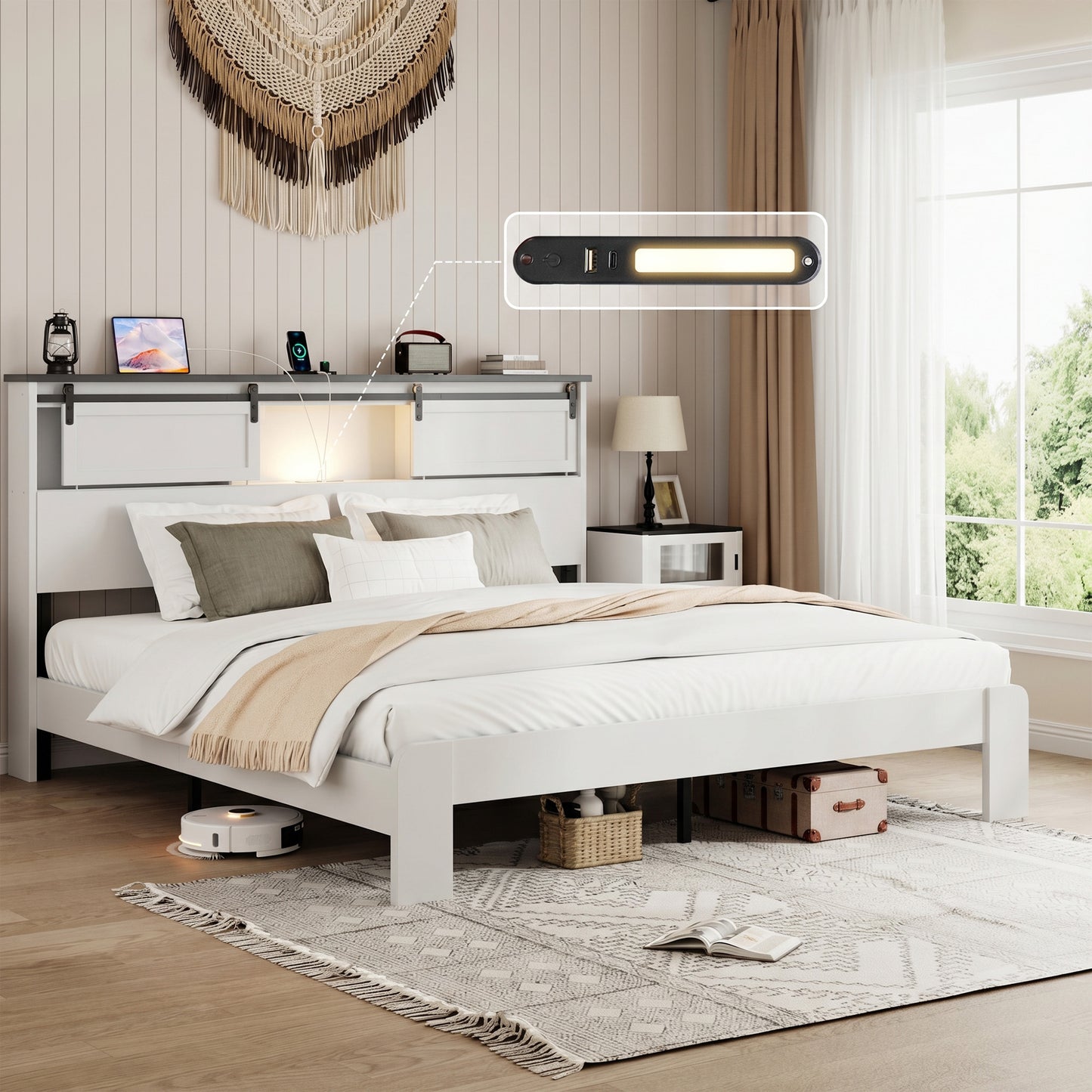 King Metal Platform Bed Frame with Charging Station - White