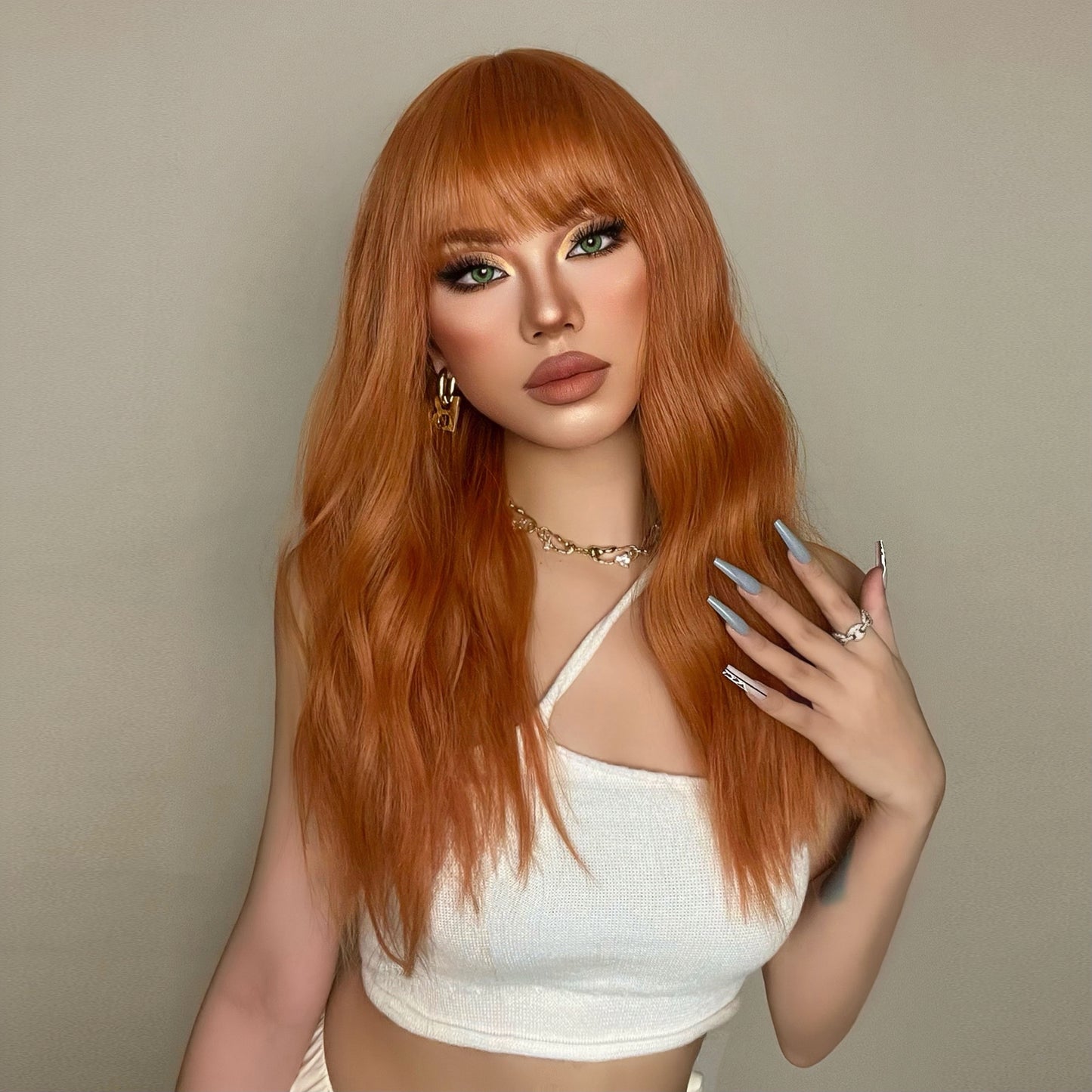 Women’s Orange Synthetic Long Hair Wig 50cm for Daily Use
