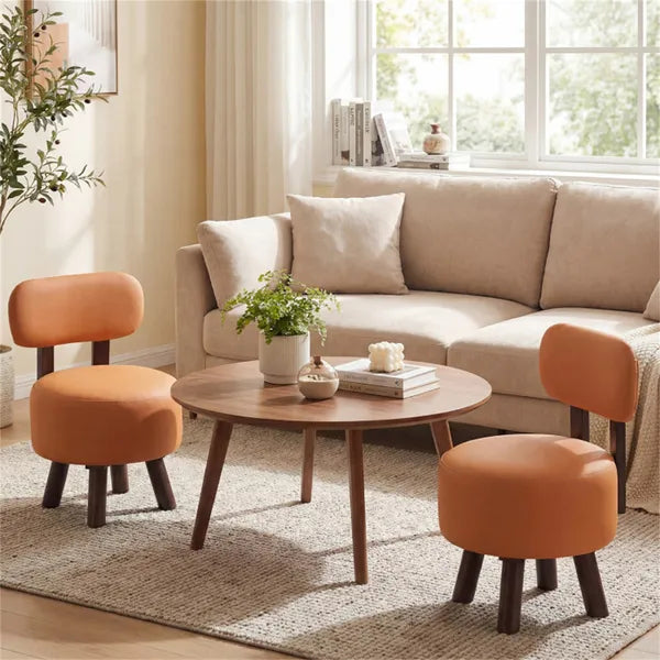 2-Piece Small Orange Footstools - Faux Leather & Rubber Wood