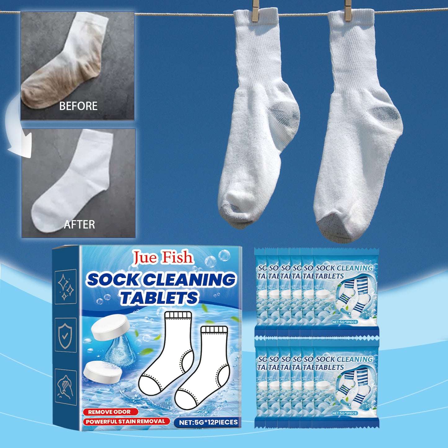 Effervescent Sock Cleaning Tablets 60 Pack - Laundry & Household Use