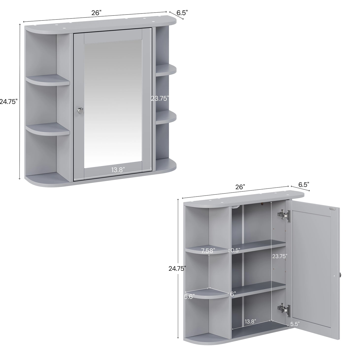 Bathroom Wall Storage Cabinet with Mirror & Adjustable Shelves - Gray
