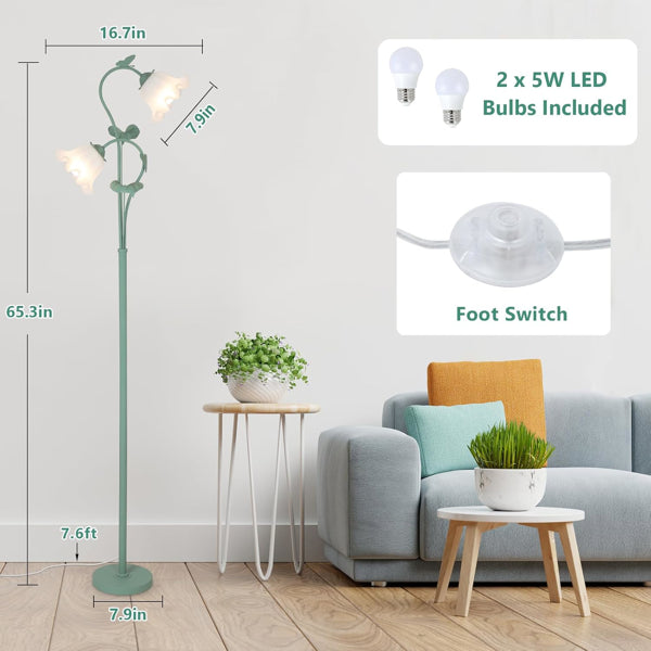 Vintage Flower Floor Lamp with 2 LED Bulbs - Green Acrylic Shade