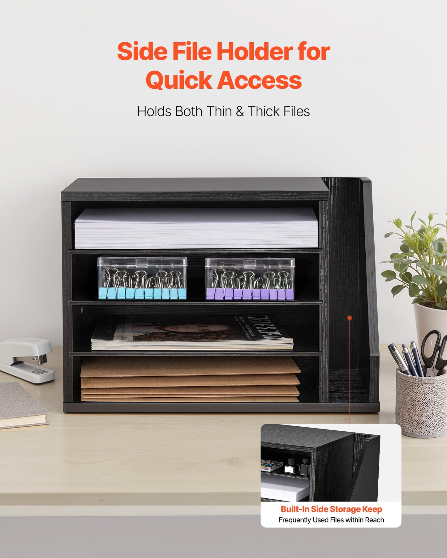 Wooden Literature Organizer with 4 Compartments and Side Storage - Office Desk Mail Sorter, Black