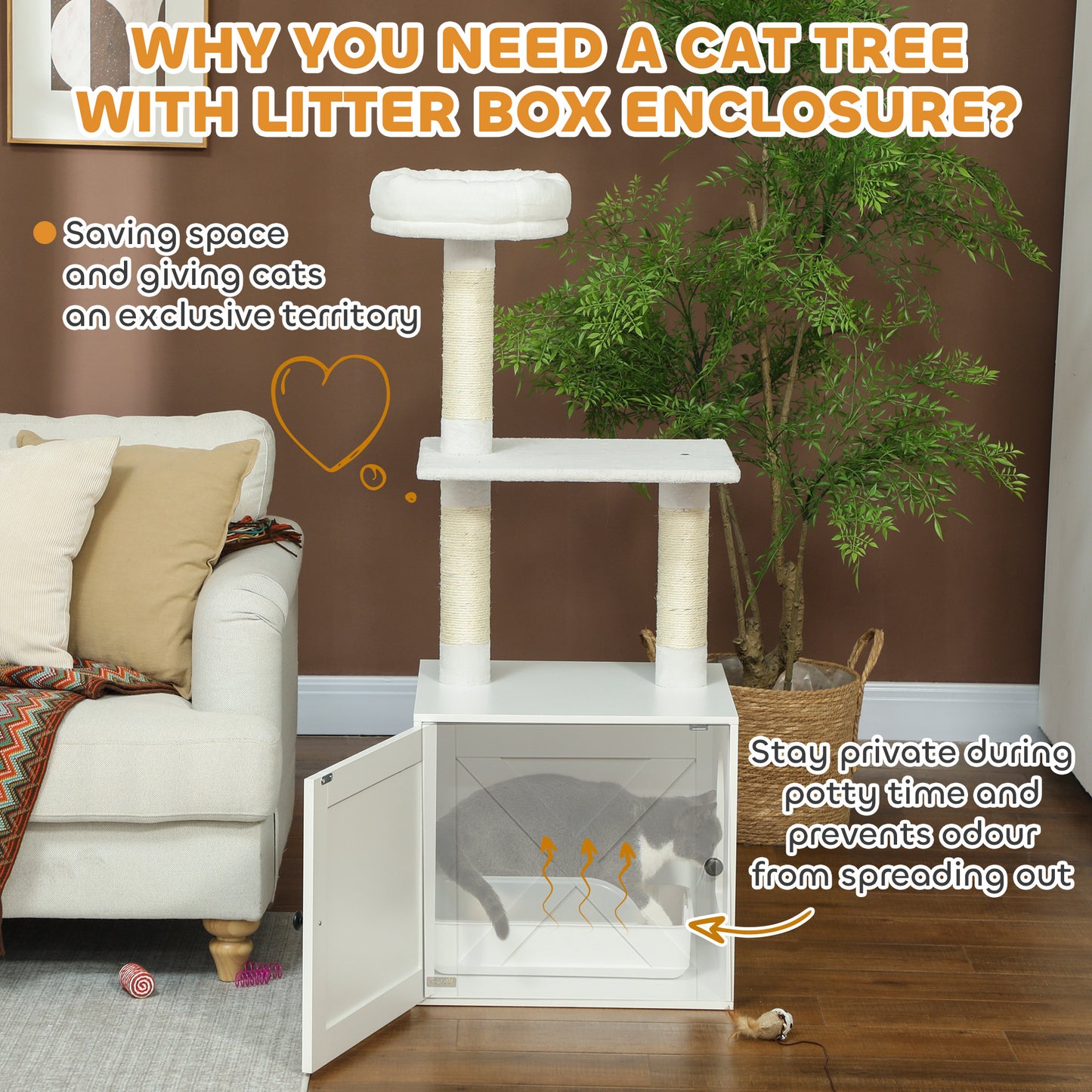 Multi-Functional Cat Tree with Litter Box Enclosure, Climbing Posts & Bed - White
