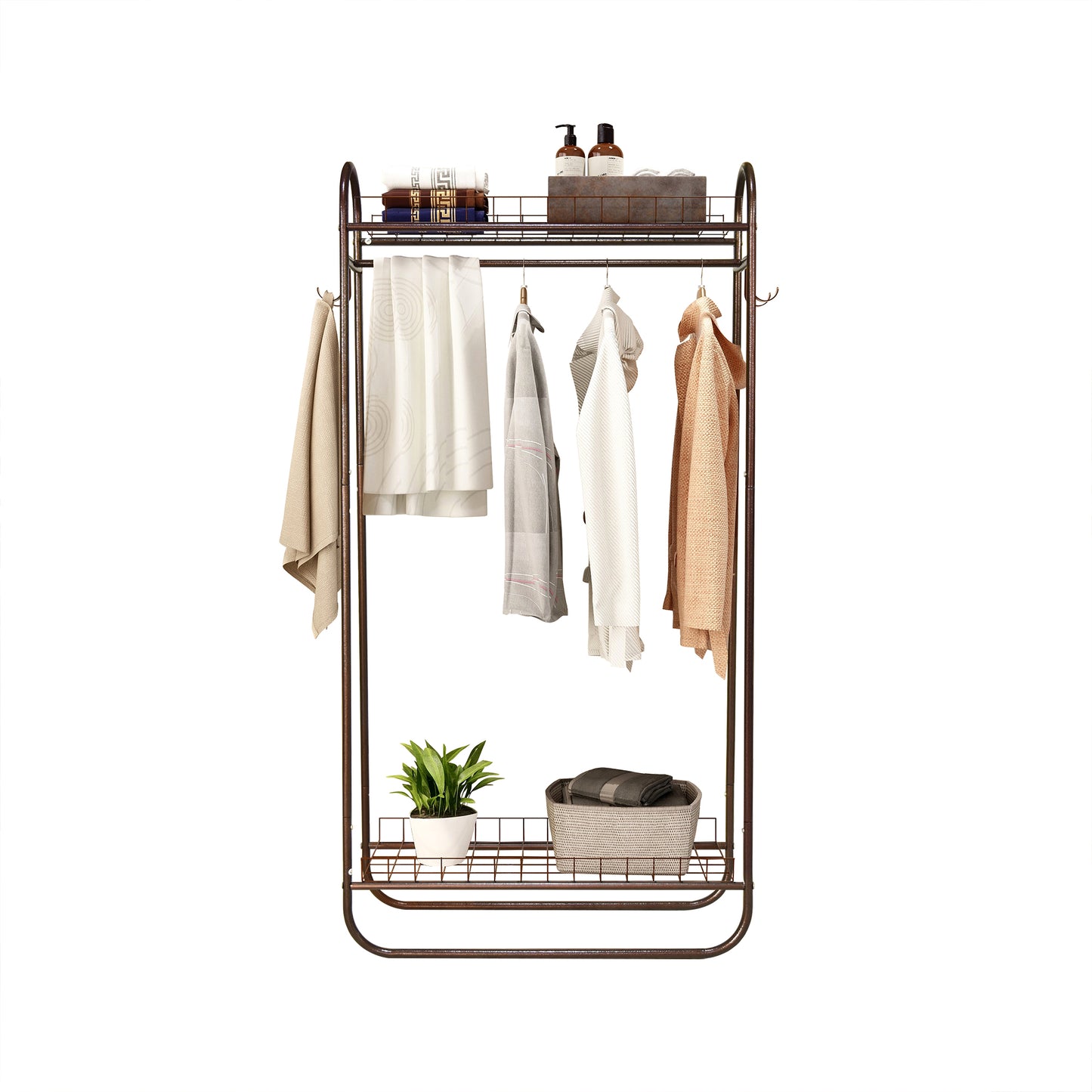 Heavy Duty Freestanding Clothing Rack with Double Shelves - Brown