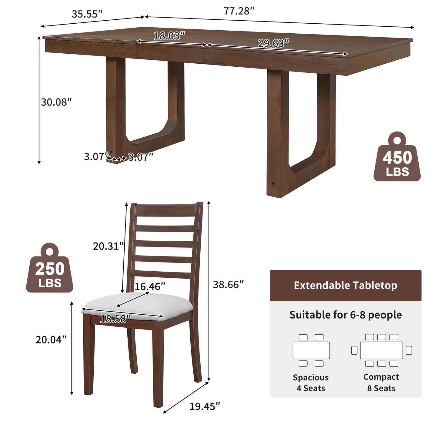 7-Piece Extendable Dining Table Set, Farmhouse With 18 Move Leaf, 78
