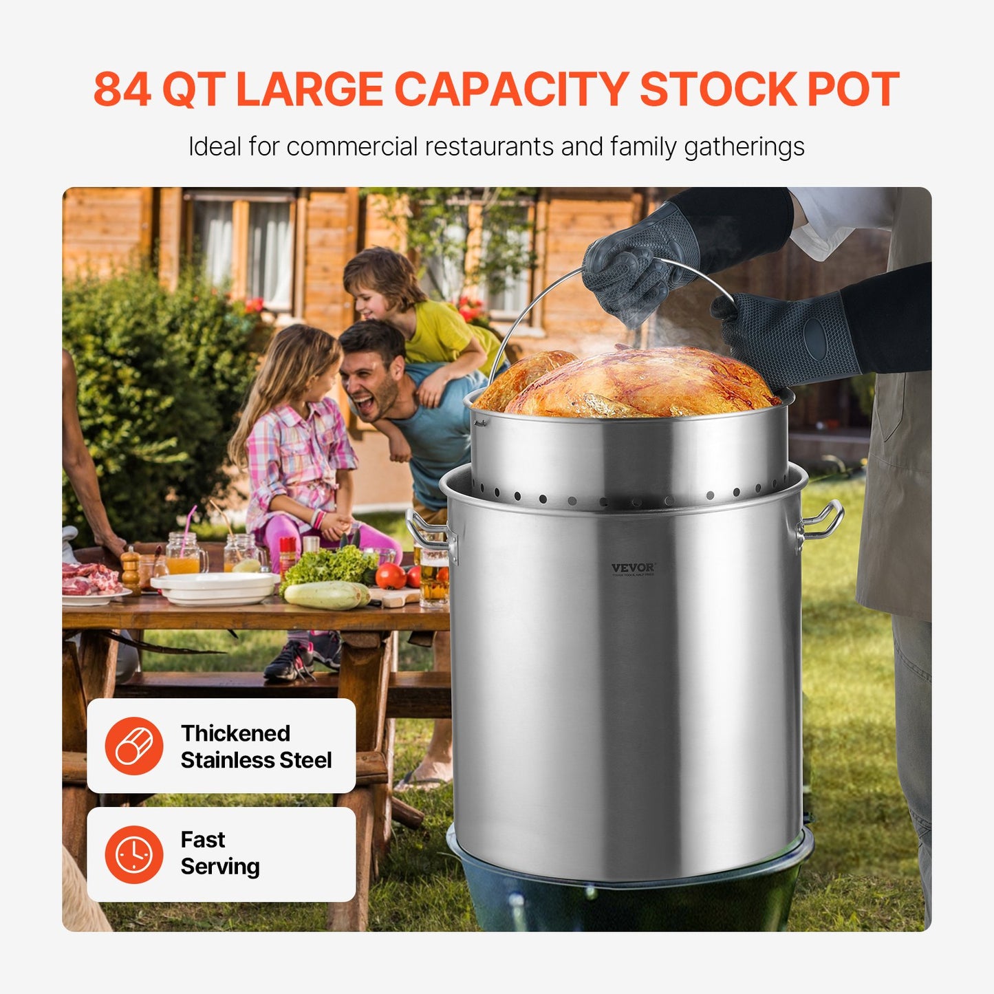 84QT Stainless Steel Stockpot with Lid & Strainer Basket