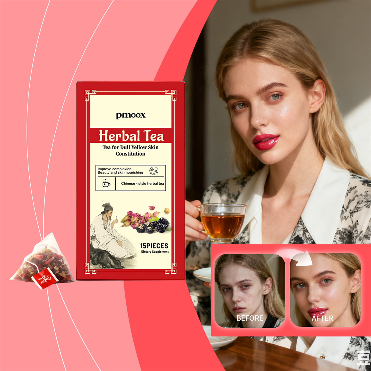 Herbal Color Conditioning Tea Bags - Black Mulberry & Rose, 15 Pieces