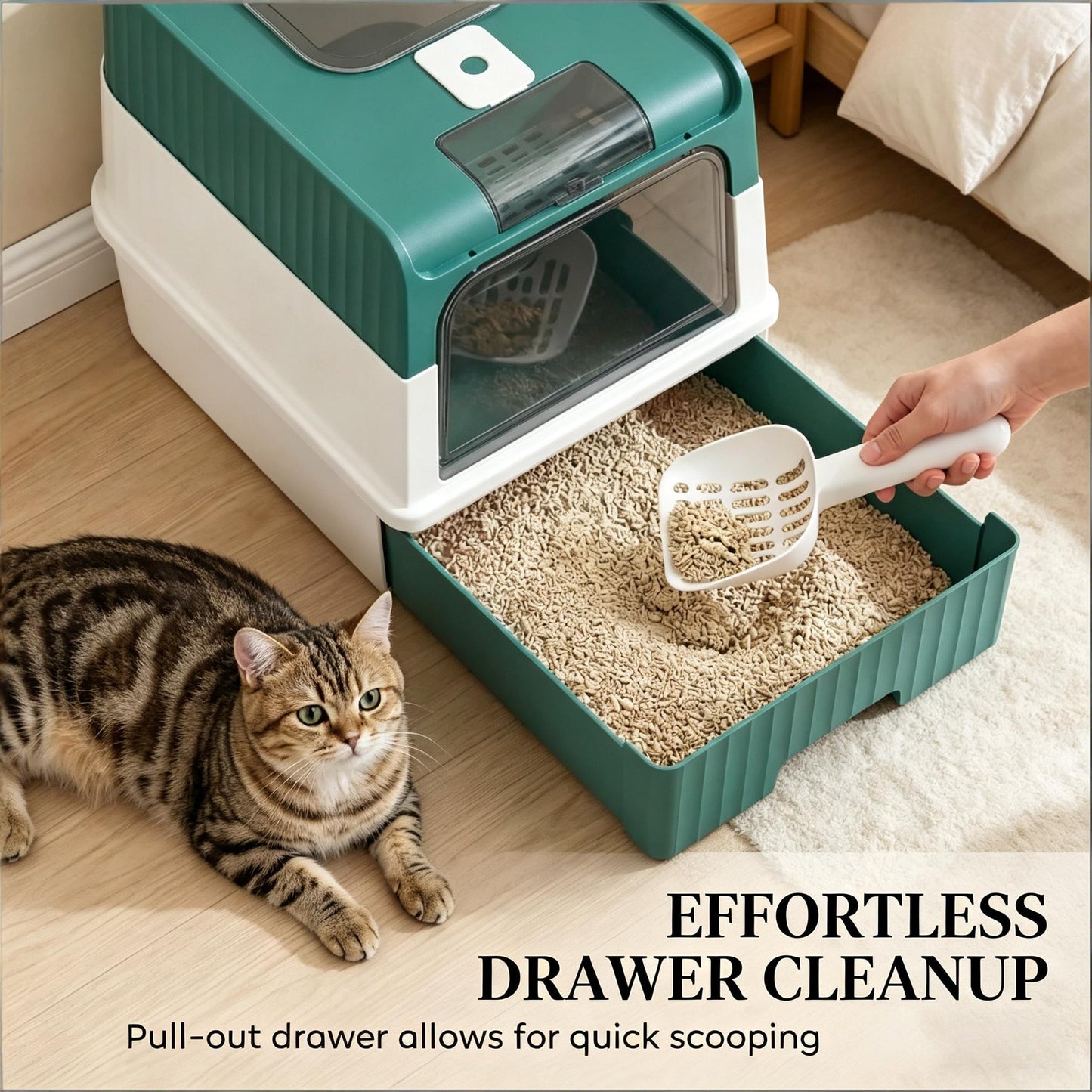 Enclosed Cat Litter Box with Slide-Out Tray - Black, Teal, White