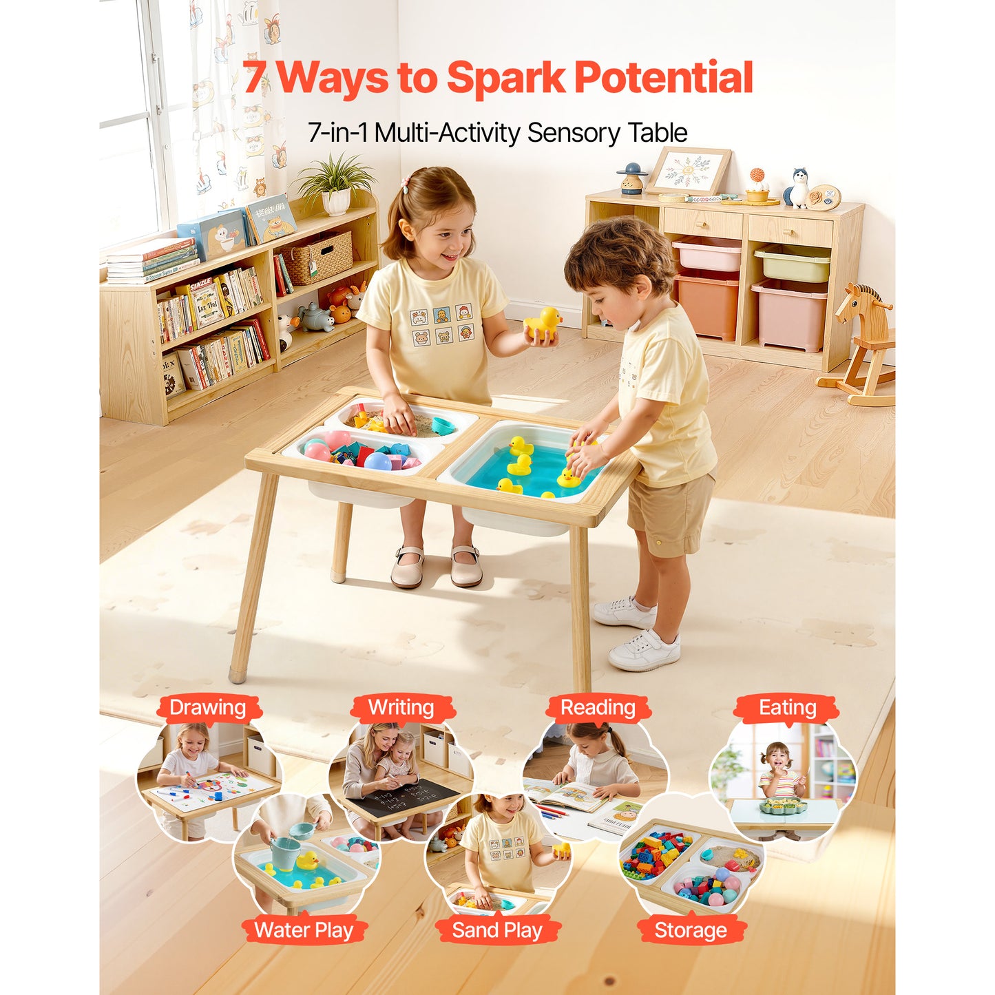 Wooden Toddler Sensory Table with Reversible Board, Storage Bins & Non-Slip Feet