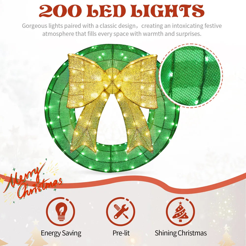 Pre-Lit Outdoor Christmas Wreath with Golden Bow - 24-Inch