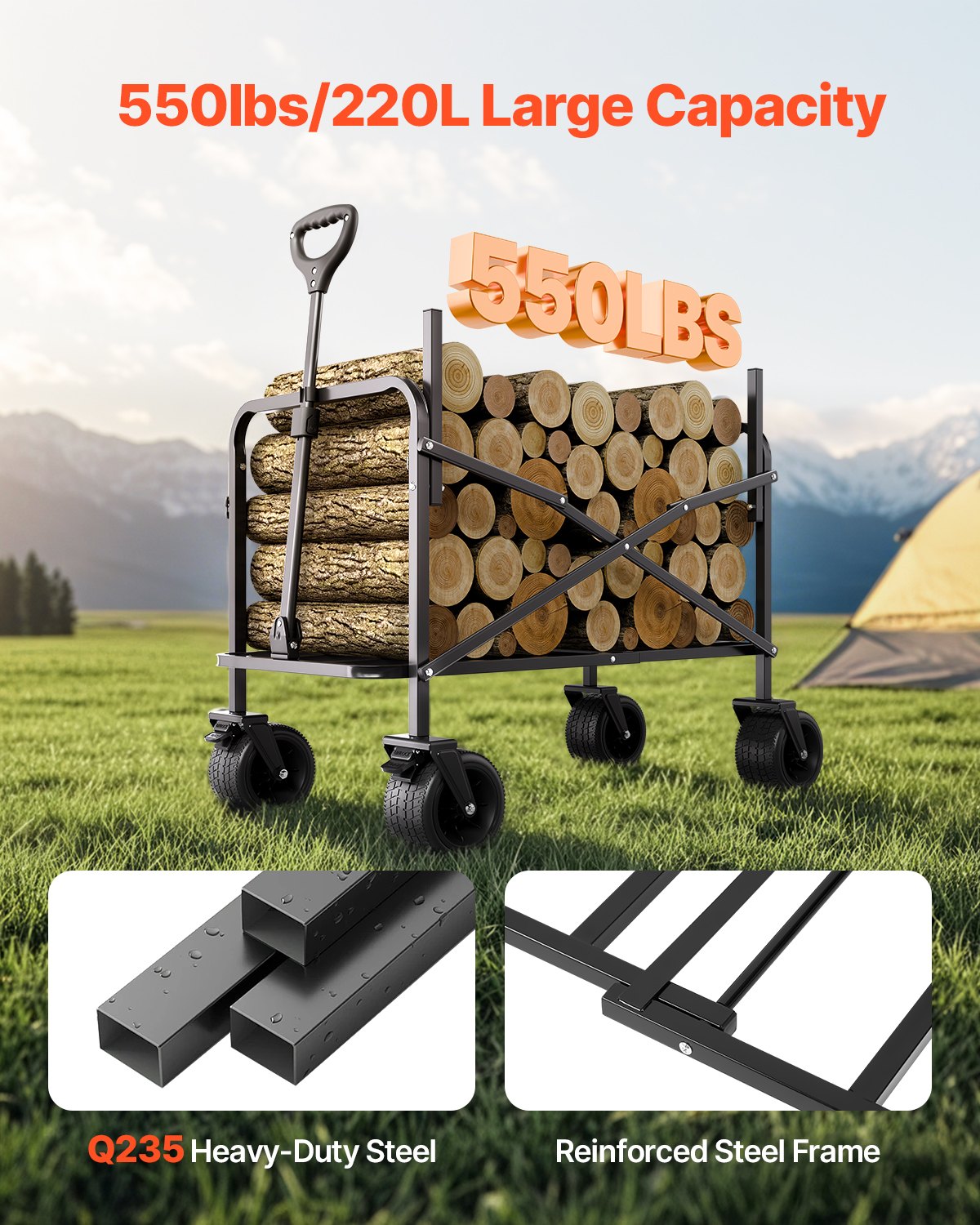 Foldable Wagon Cart with Bench Conversion - Heavy Duty Utility Cart 550lb Load