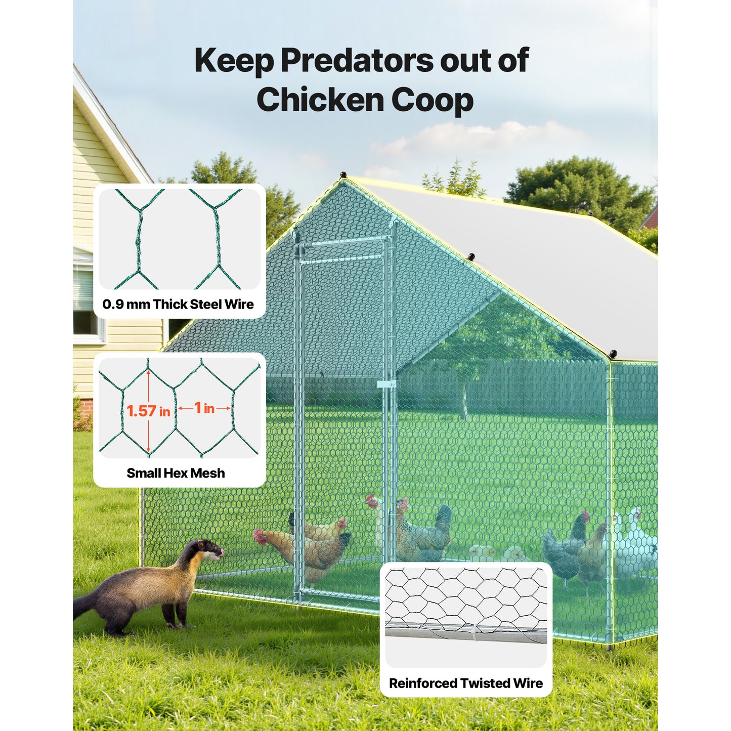 Large Metal Chicken Coop with Waterproof Cover & Lock - 9.8 x 6.6 ft Outdoor Poultry Pen