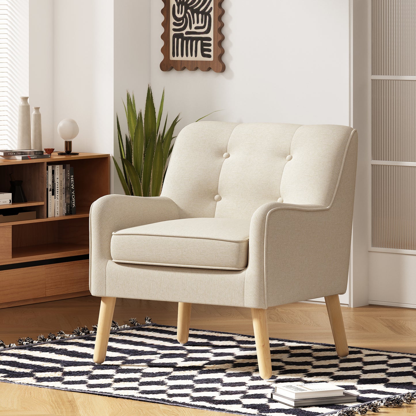 Mid-Century Modern Accent Chair - Beige Tufted Fabric Armchair