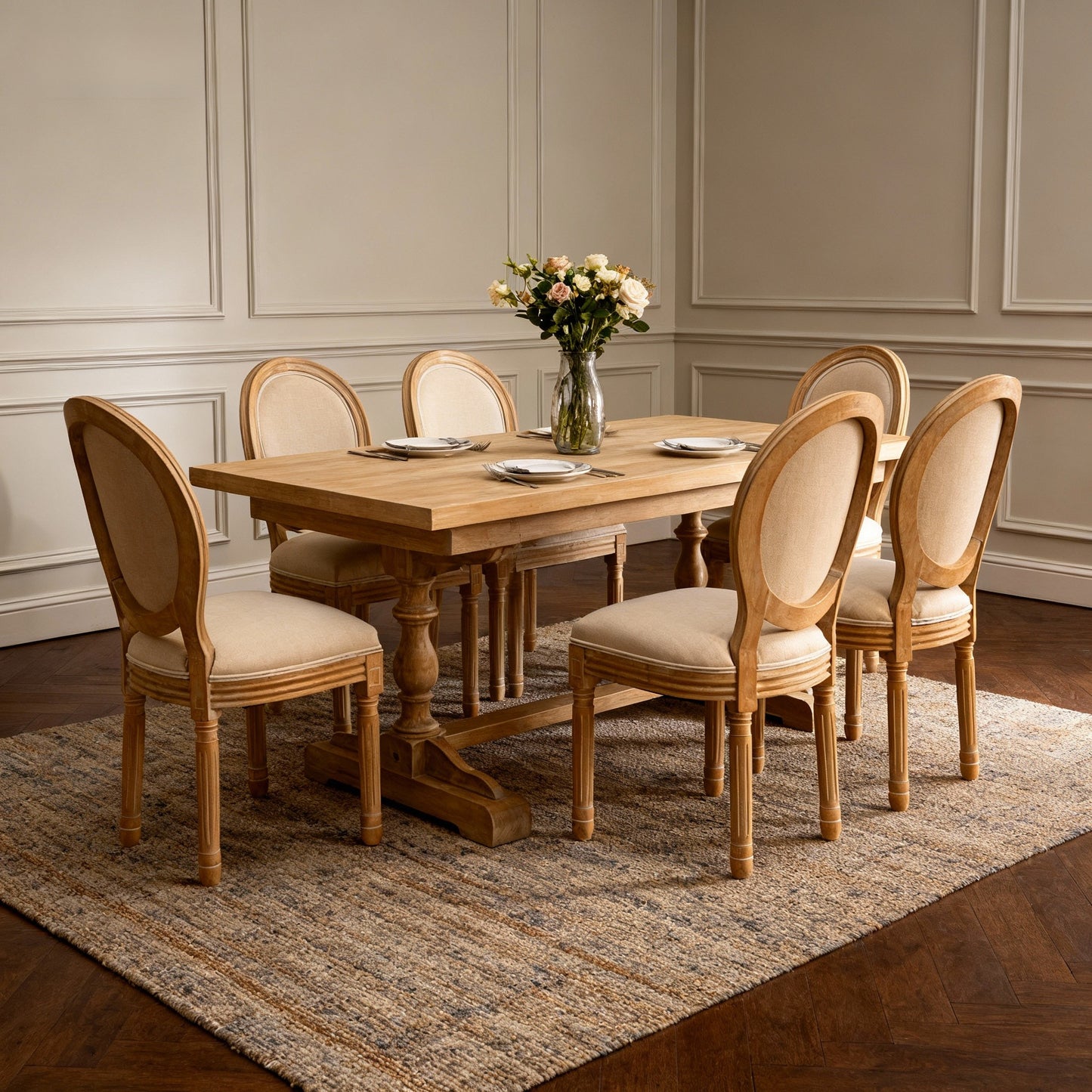 Beige French Style Solid Wood Frame Oval Back Dining Chairs - Set of 2